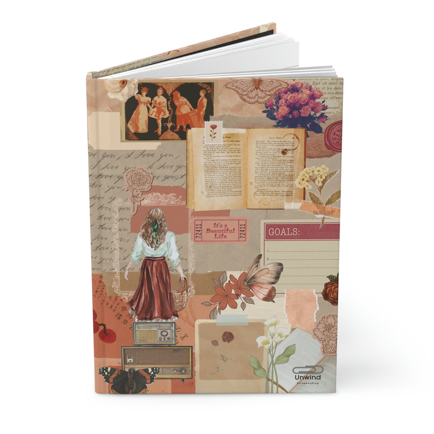 Vintage Hardcover Journal Matte- Scrapbooking Red Romantic